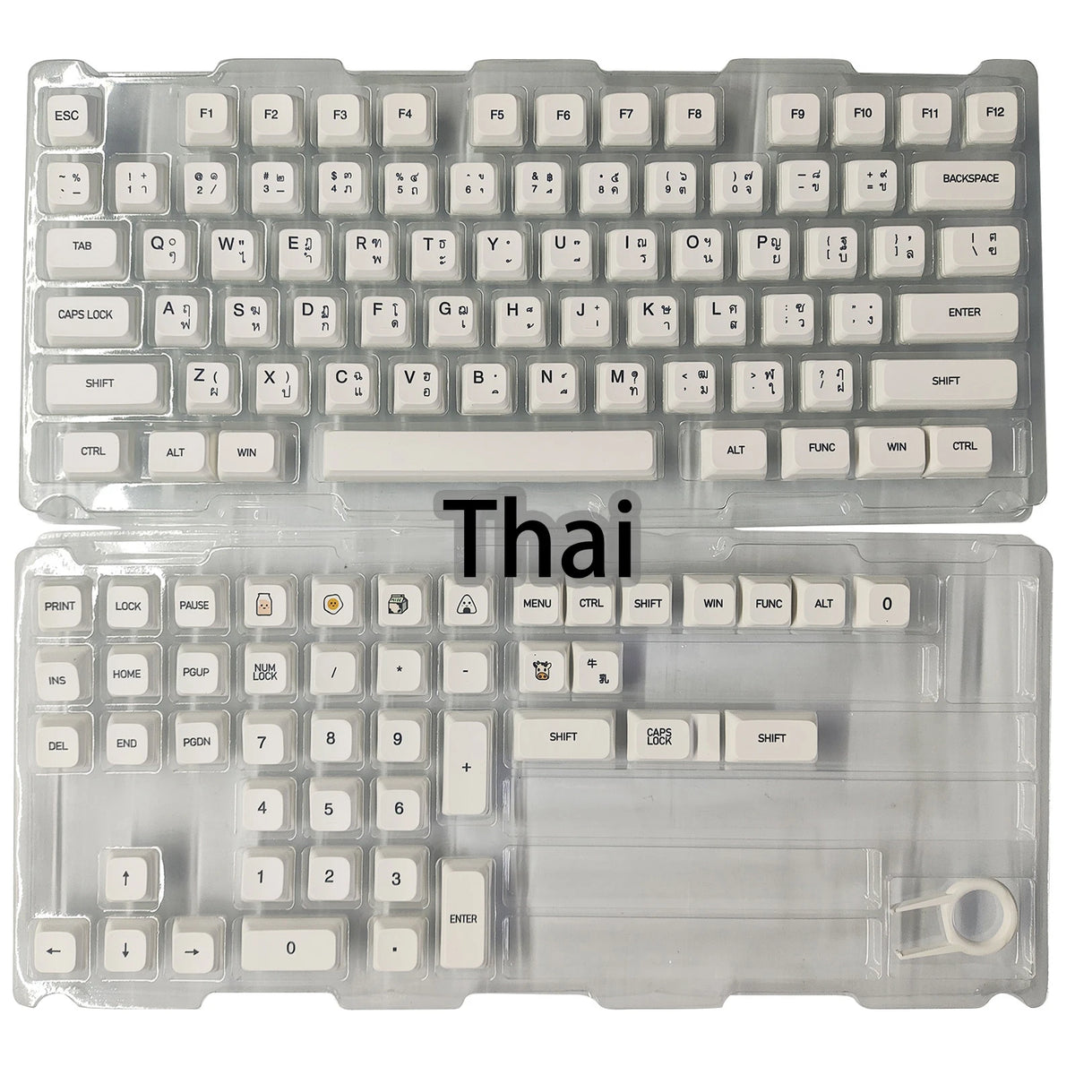 Ein Set klarer PBT-Tastenkappen für eine mechanische Tastatur, einschließlich Standard- und Funktionstasten.