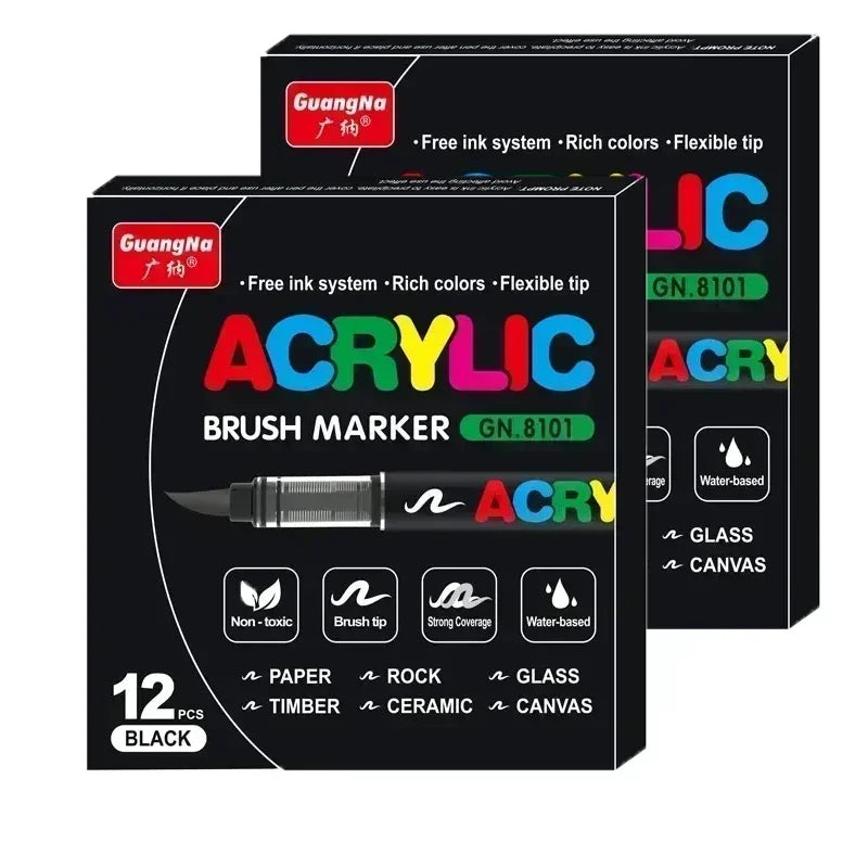 A set of black acrylic brush markers with various tips and colors for art and crafting.