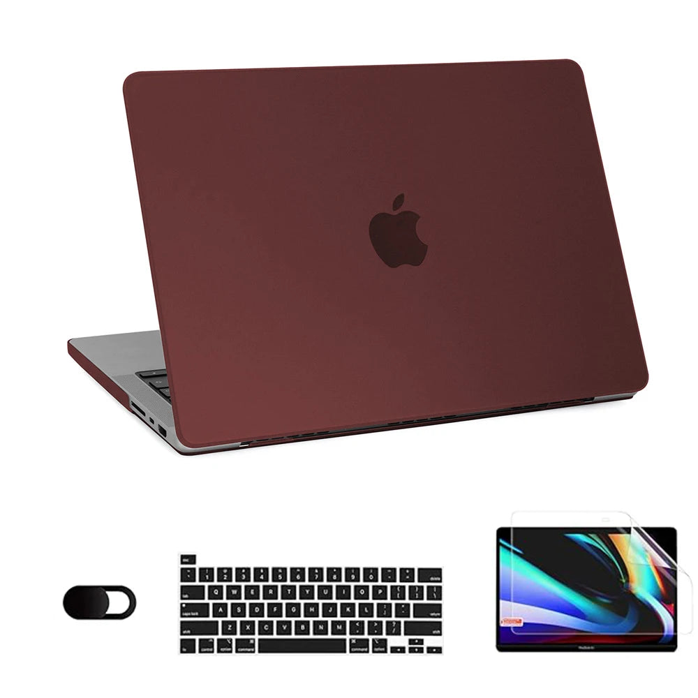 A dark reddish-brown laptop, likely a MacBook Pro or Air, shown with its hard shell case and keyboard.