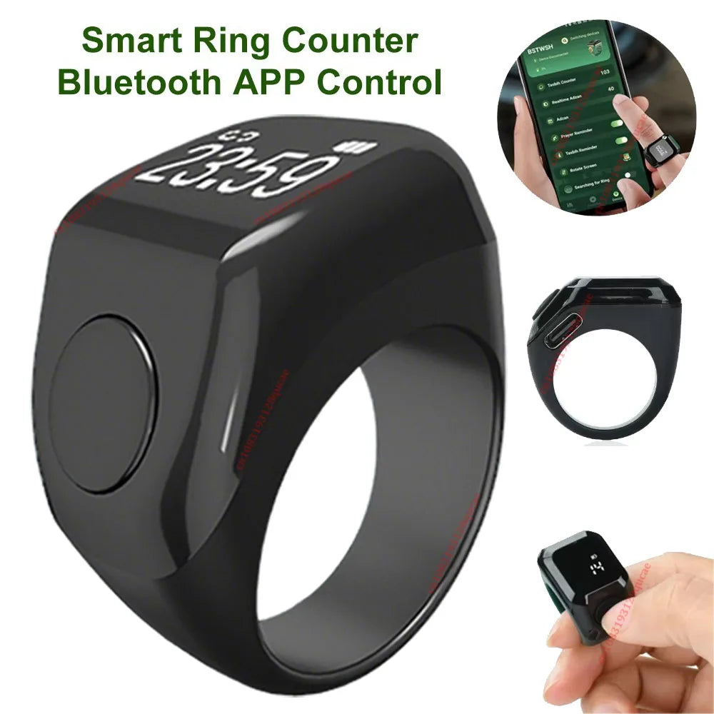 A black smart ring counter with a display showing 23:59, next to its components and a hand holding it.