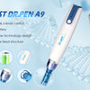 A white Dr.Pen A9 device and cartridges are shown with various features like LED display and battery.