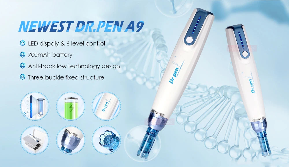 A white Dr.Pen A9 device and cartridges are shown with various features like LED display and battery.
