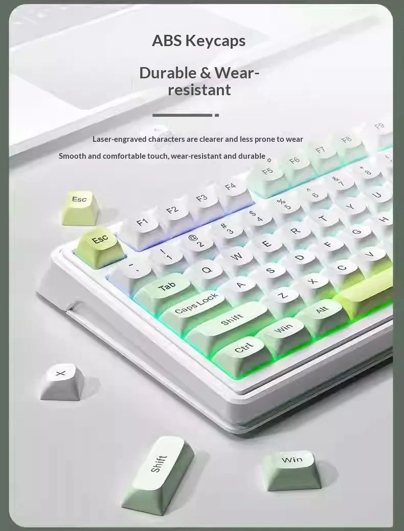 Nahaufnahme langlebiger und abriebfester ABS-Tastenkappen auf einer weißen mechanischen Tastatur.