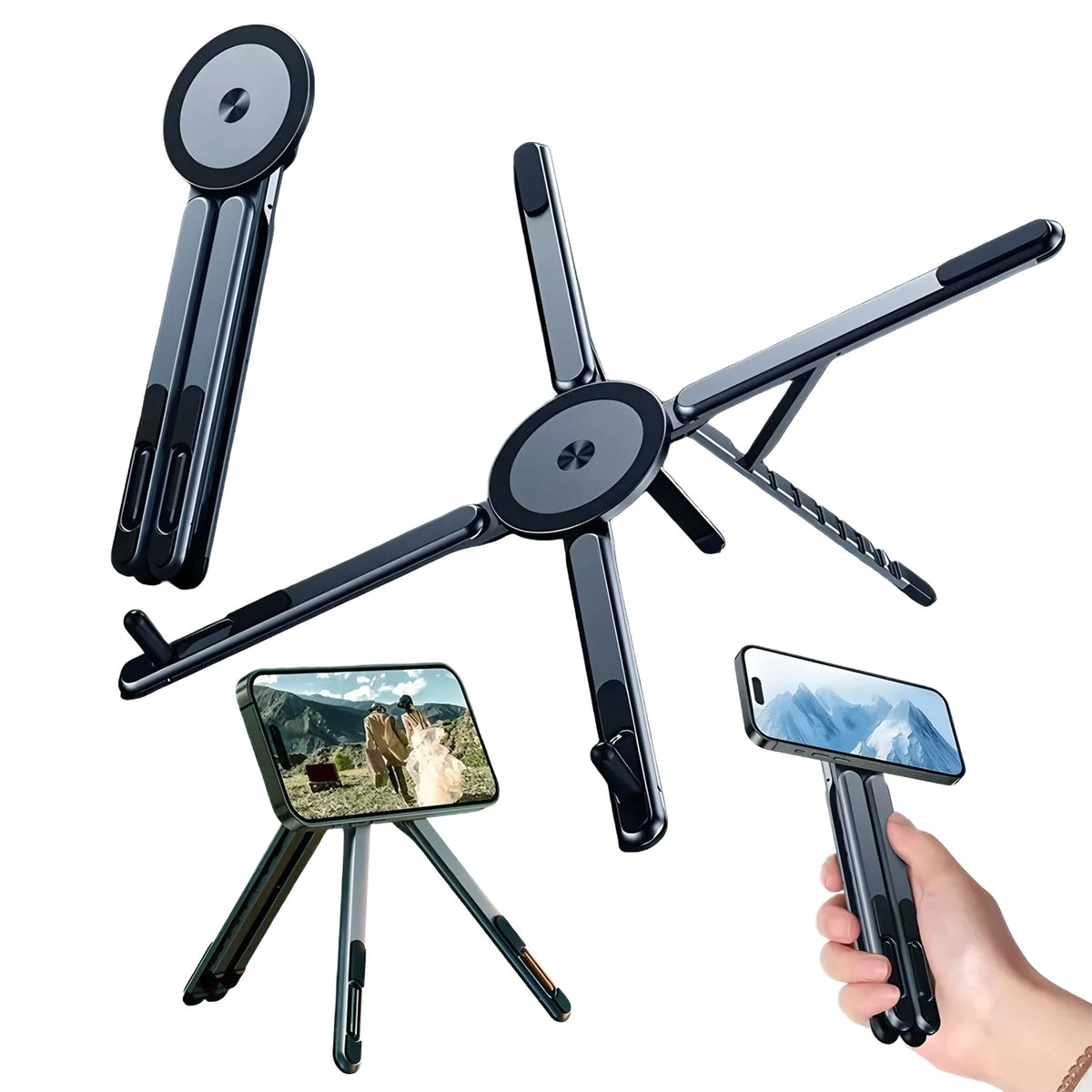 A black foldable magnetic laptop stand with multiple arms and a smartphone attachment shown in use.