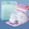 Pink and mint green accordion file organizer holding stacks of white papers.