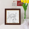 A framed line drawing of a cow's head with horns and a small bird on its back for an adult coloring book.