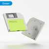 A green M.2 SSD enclosure device is shown against a white background.