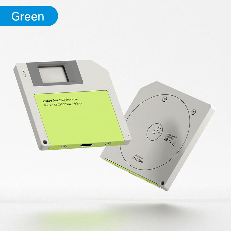 A green M.2 SSD enclosure device is shown against a white background.