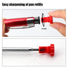 A hand rotates the cap of a red pen refill to sharpen it, demonstrating easy sharpening.