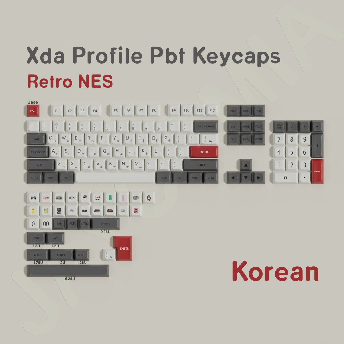 A set of Retro NES style PBT keycaps for mechanical keyboards, featuring various keys and modifiers.