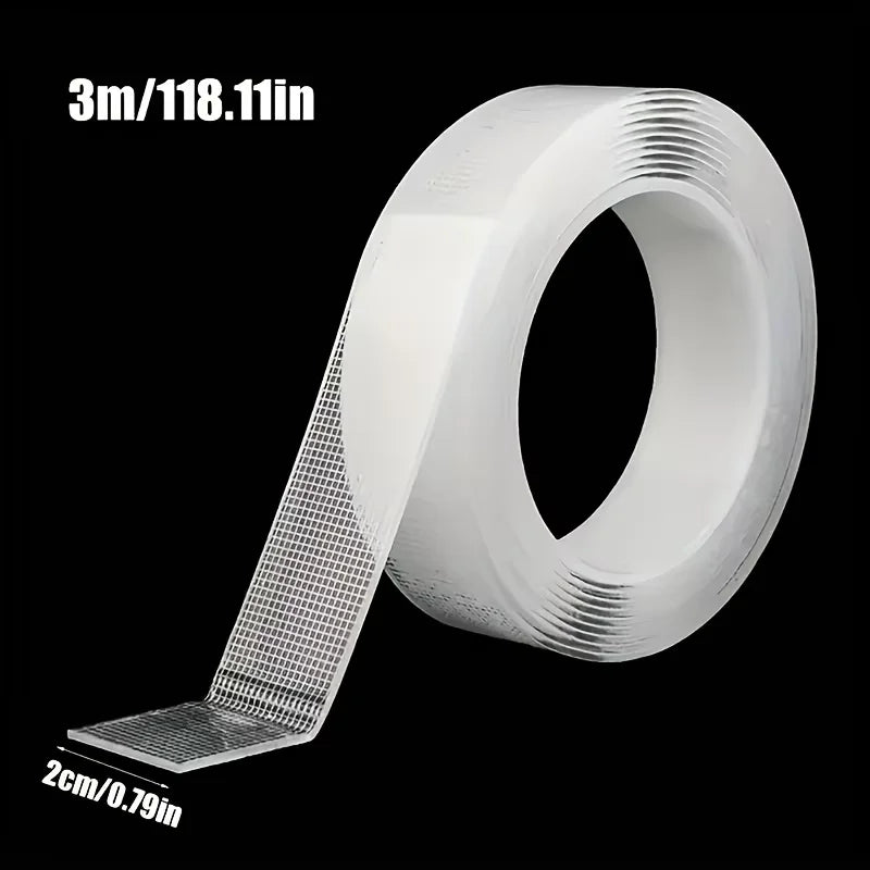Roll of 3m/118.11in heavy duty double-sided transparent mounting tape shown from the side.