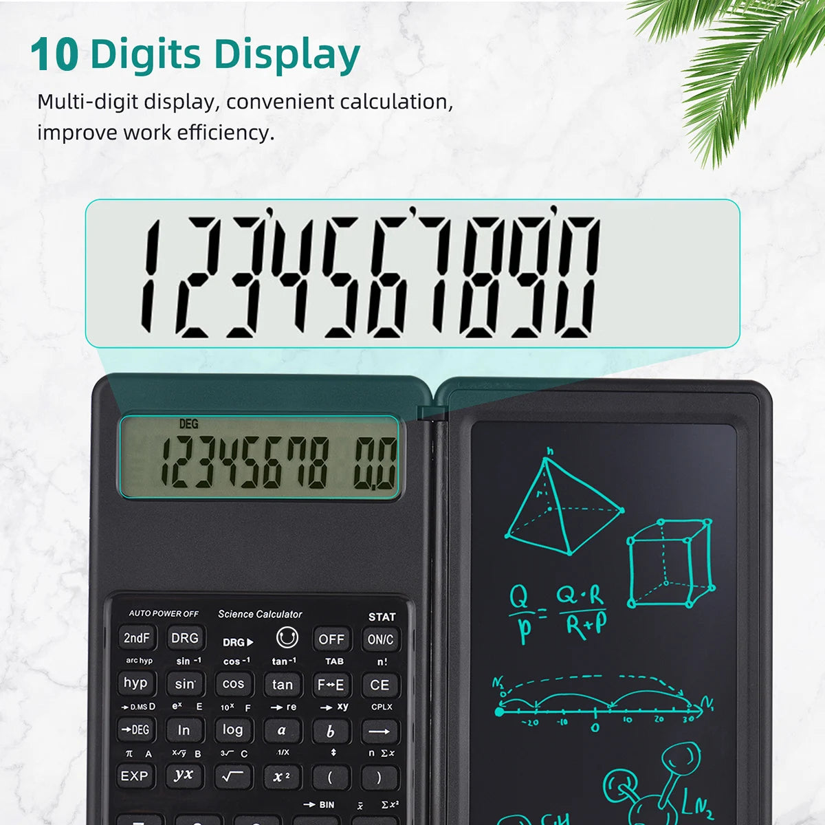 Calculatrice scientifique pliable et tablette d'écriture noire affichant le nombre 1234567890.