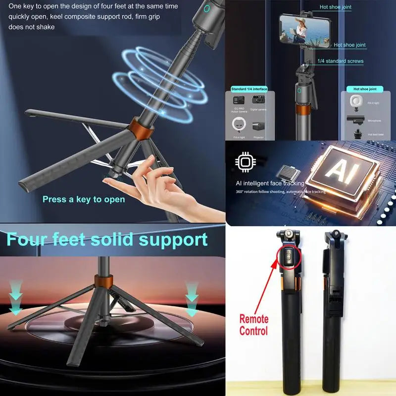 A close-up of a 360° rotatable selfie stick tripod with face tracking features and screws.