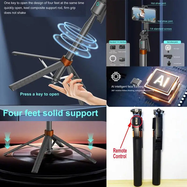 A close-up of a 360° rotatable selfie stick tripod with face tracking features and screws.