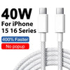 A white 40W USB-C fast charger and cable for iPhone 15 and 16 series phones.