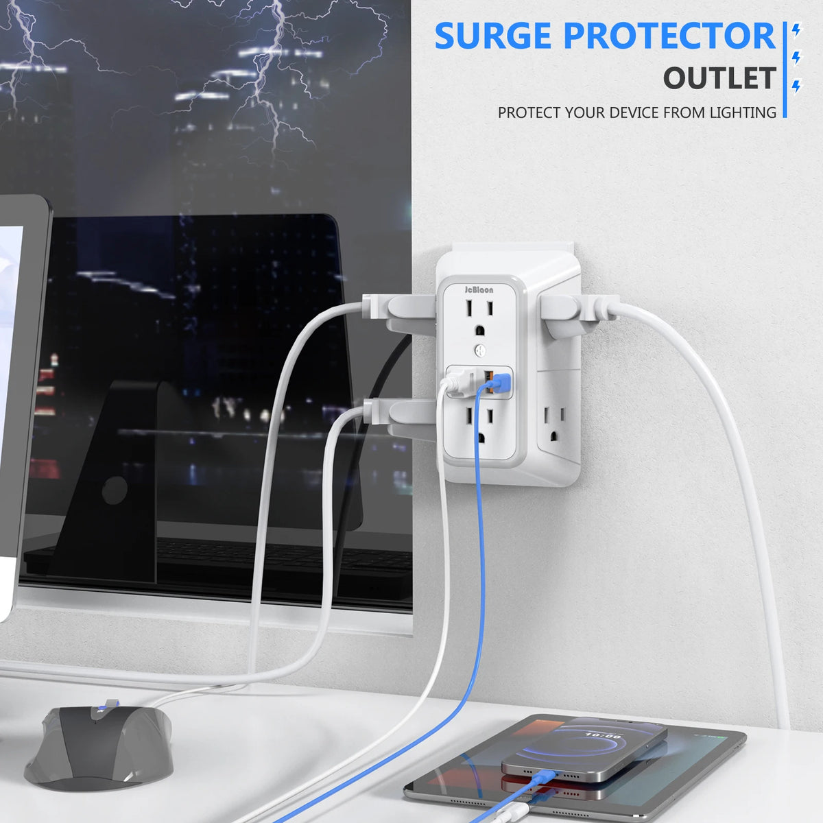 A white surge protector power strip with multiple outlets and USB ports plugged into a wall socket.