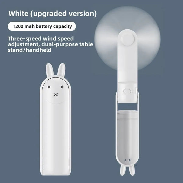 White upgraded version of a portable foldable rabbit mini fan with 1200 mah battery capacity