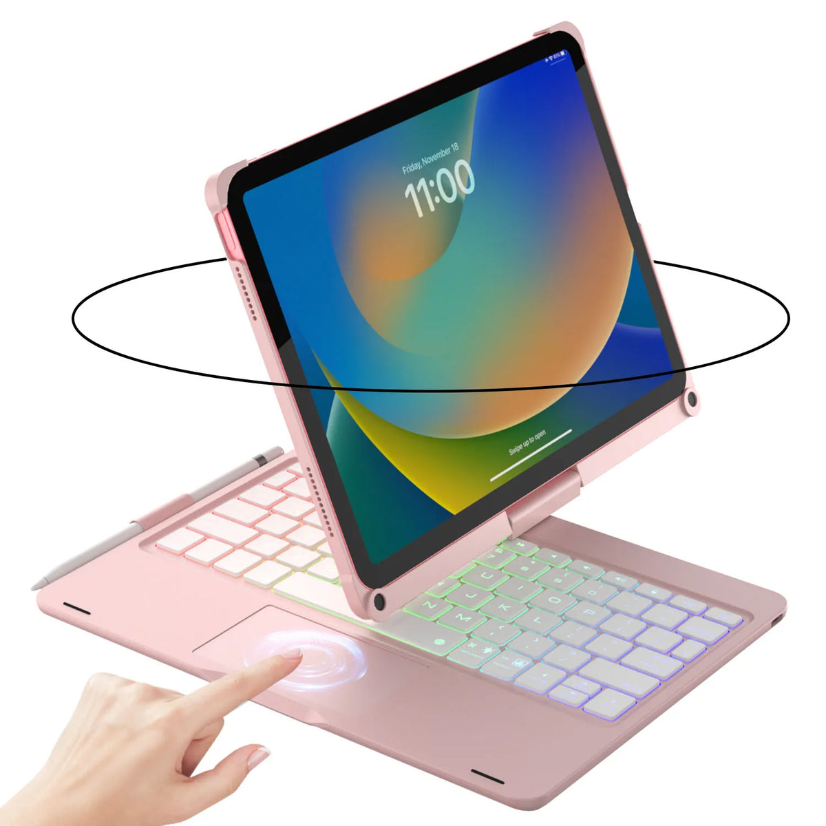 Pinkes beleuchtetes Tastaturgehäuse mit Trackpad, das die Zeit 11:00 auf einem iPad anzeigt.