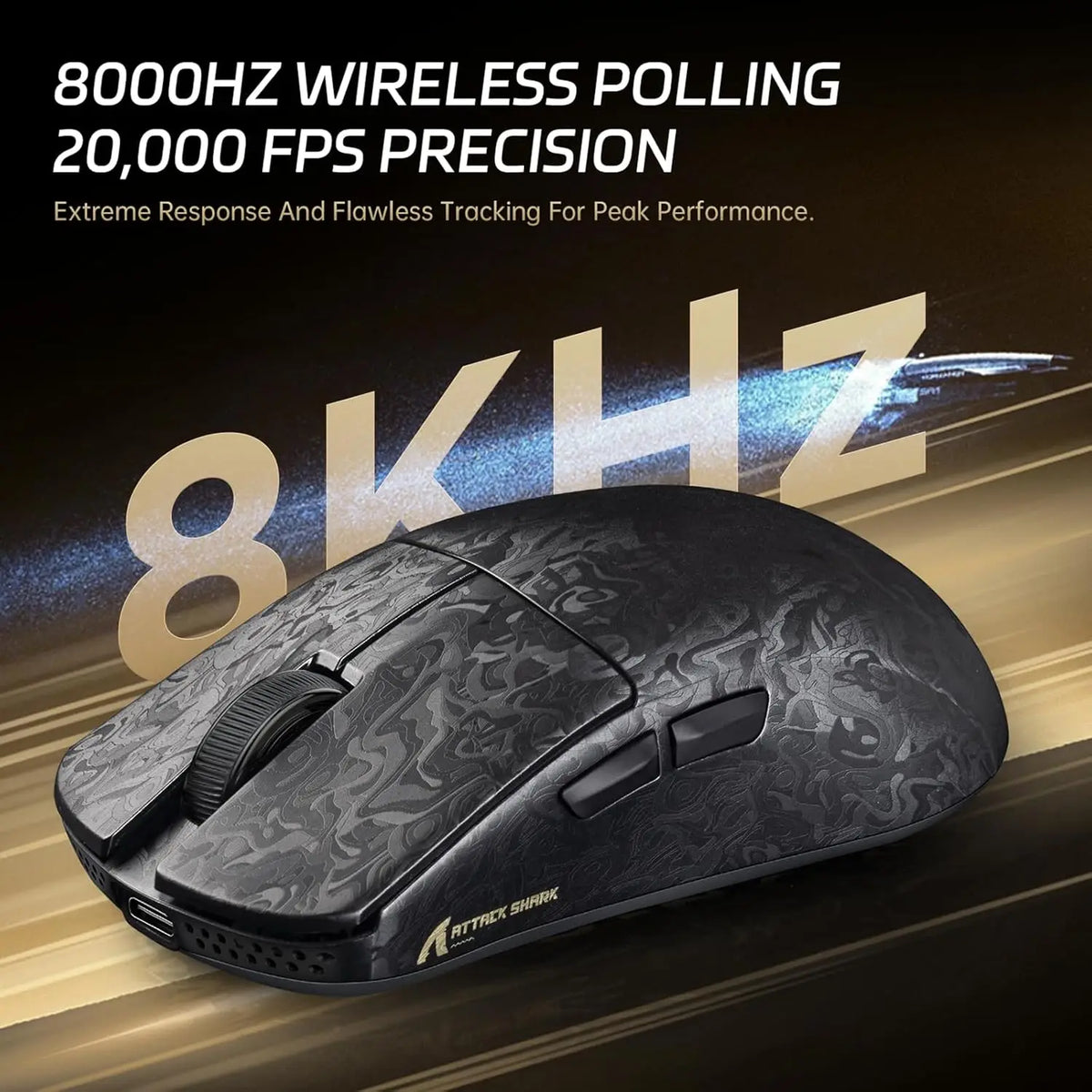 A black wireless gaming mouse is shown against a dark background with blue light effects.