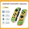 A pair of green and pink Joypad controllers shown with features like universal applicability, 6-axis gyroscope, host charging