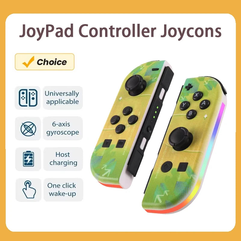 A pair of green and pink Joypad controllers shown with features like universal applicability, 6-axis gyroscope, host charging