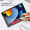 A hand holds a white stylus on an iPad screen with a tempered glass protector installed.