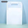 A transparent white portable accordion document organizer with a clear window.