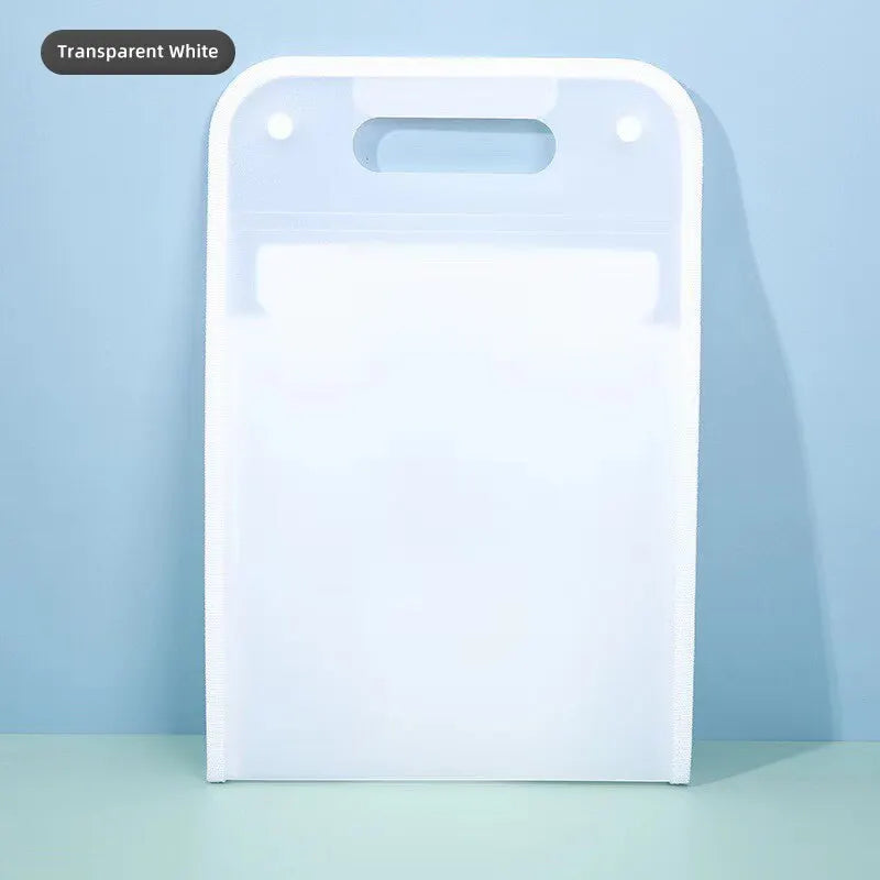 A transparent white portable accordion document organizer with a clear window.