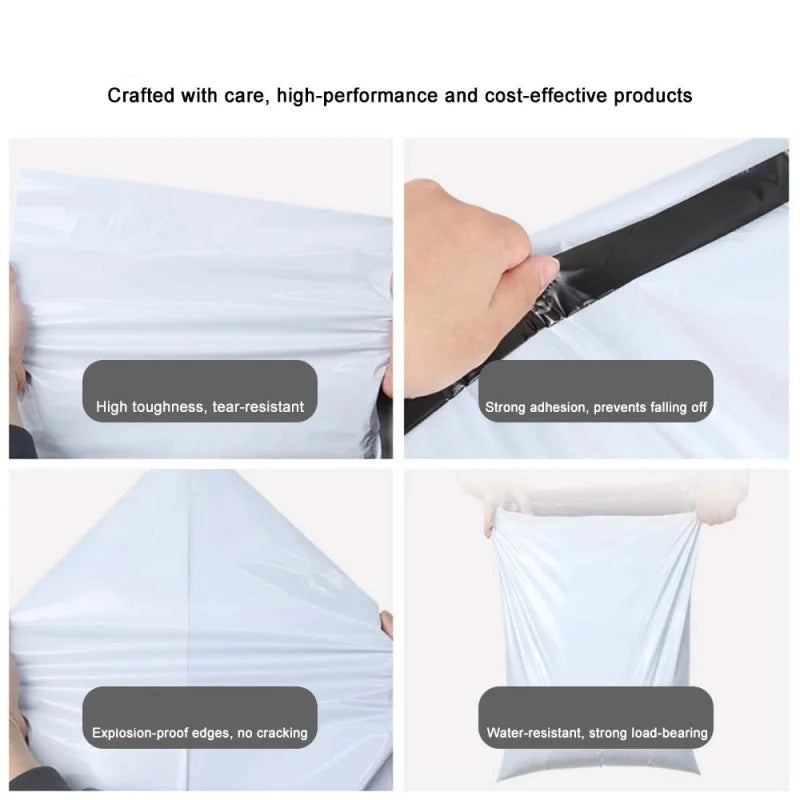 White self-sealing plastic mailing bags shown with features like high toughness, tear resistance, explosion-proof edges, and 