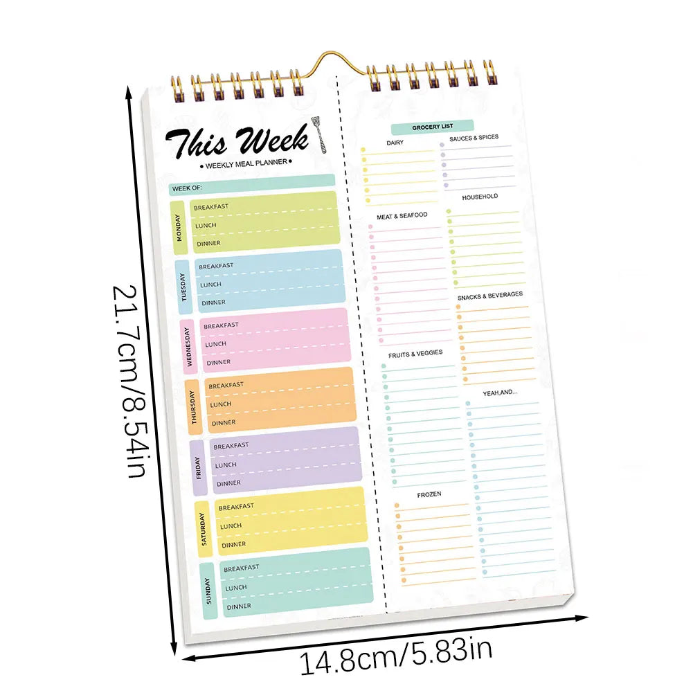 A weekly meal planner and grocery list pad with daily sections for meals, groceries, and notes.