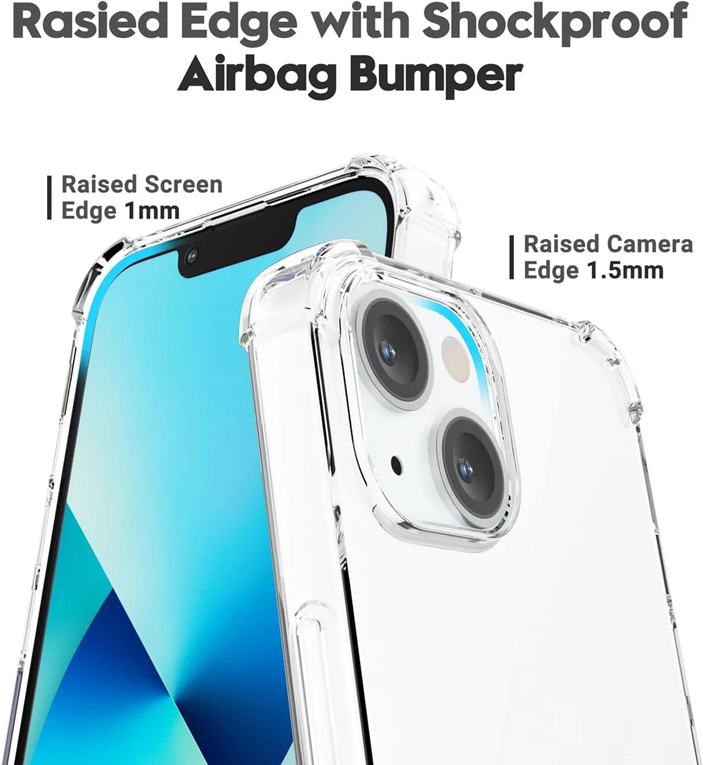 Clear shockproof phone case with raised edge and airbag bumper protecting an iPhone