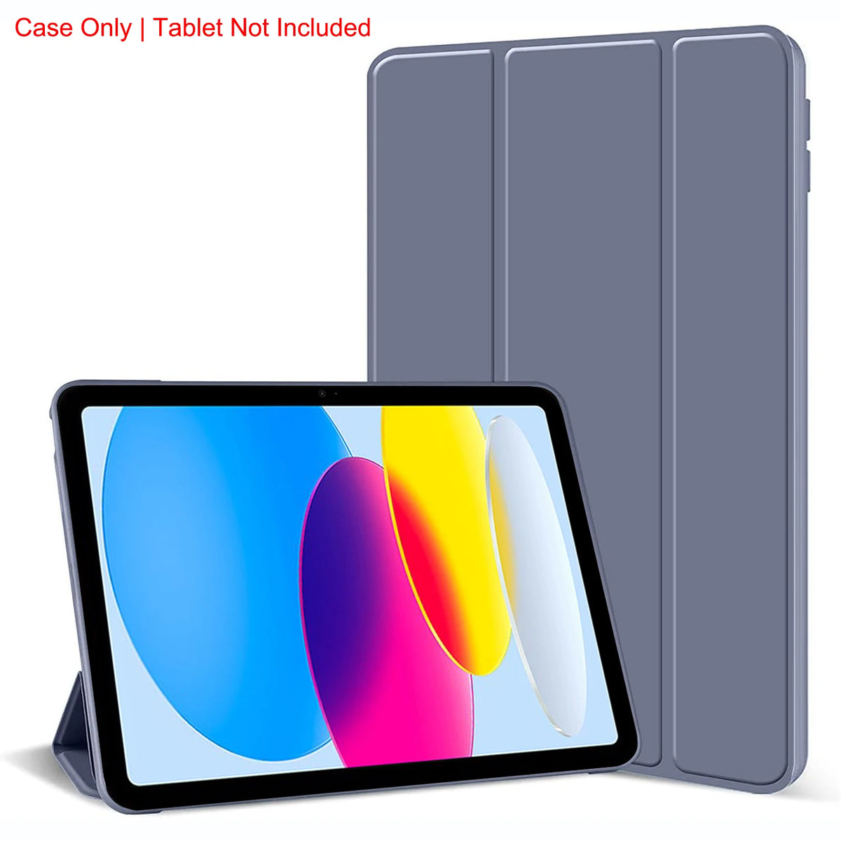 A silver magnetic tri-fold stand cover for an iPad, shown alongside the tablet.