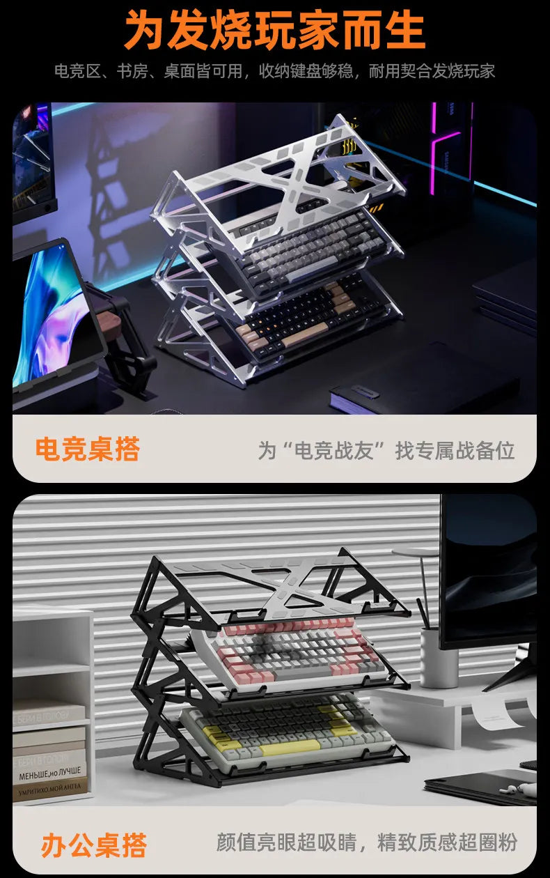 A display stand for mechanical keyboards made of metal, showing various keyboard layouts and components.