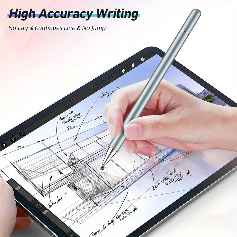 Eine Hand hält einen Präzisionsmetallstift und schreibt auf einem digitalen Tablettbildschirm.