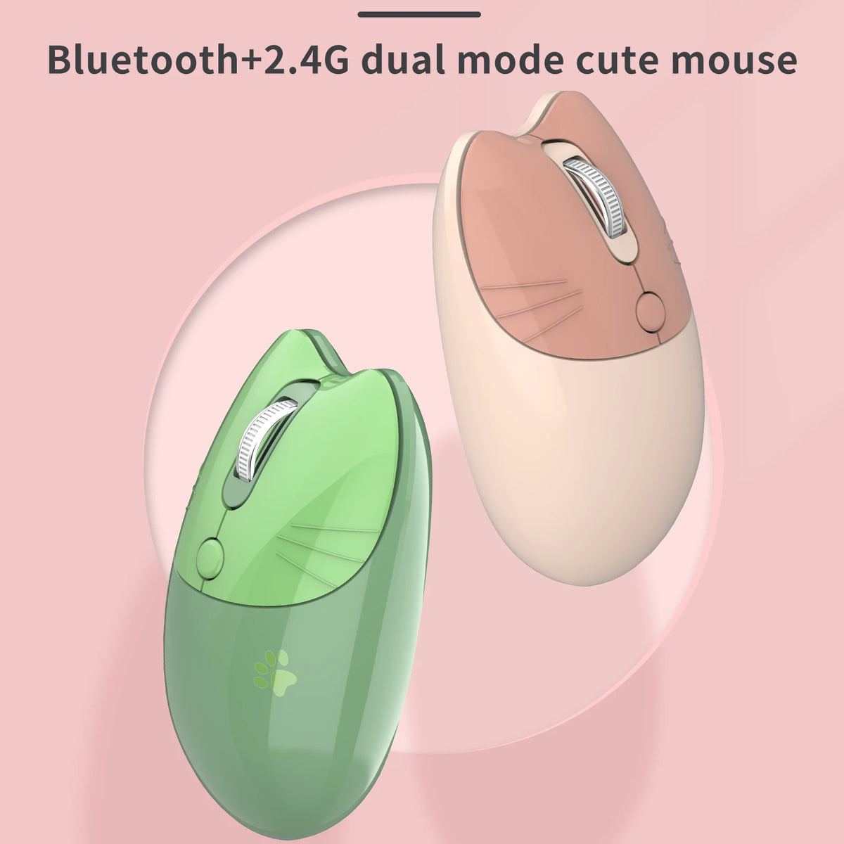 A pink and green gradient cat-shaped wireless mouse is shown next to its disassembled parts.