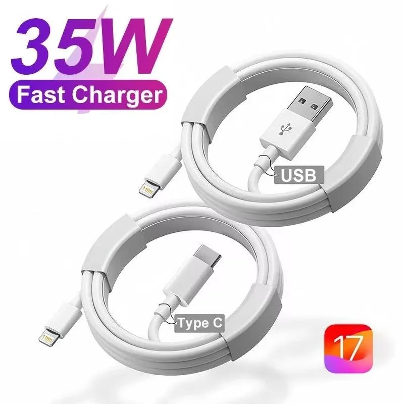 A white 35W USB-C fast charger and cable coiled around a circular base, with a battery indicator showing 17.