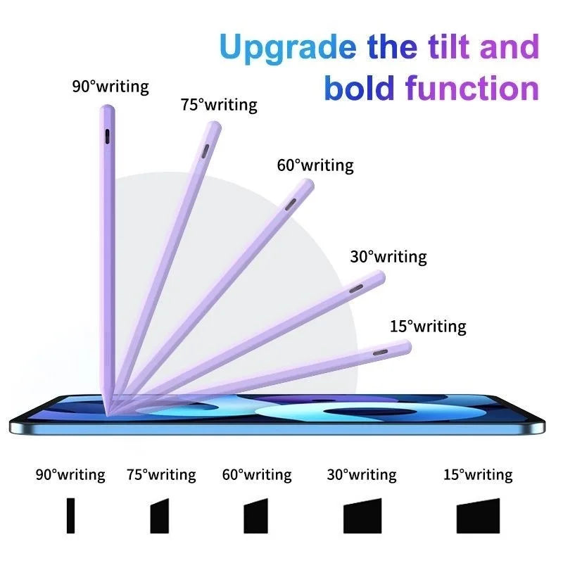 A display showing various writing angles of a purple stylus pen on a tablet screen.