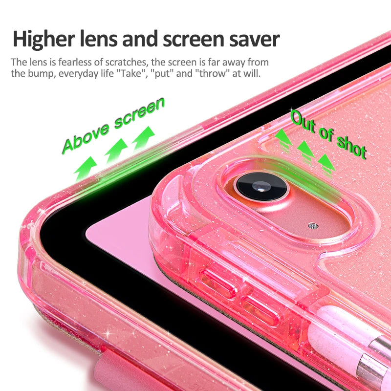 A pink glittery protective stand cover for an iPad showing a screen saver feature above the display.