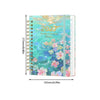 A spiral bound planner featuring a teal cover with gold accents and monthly tabs.