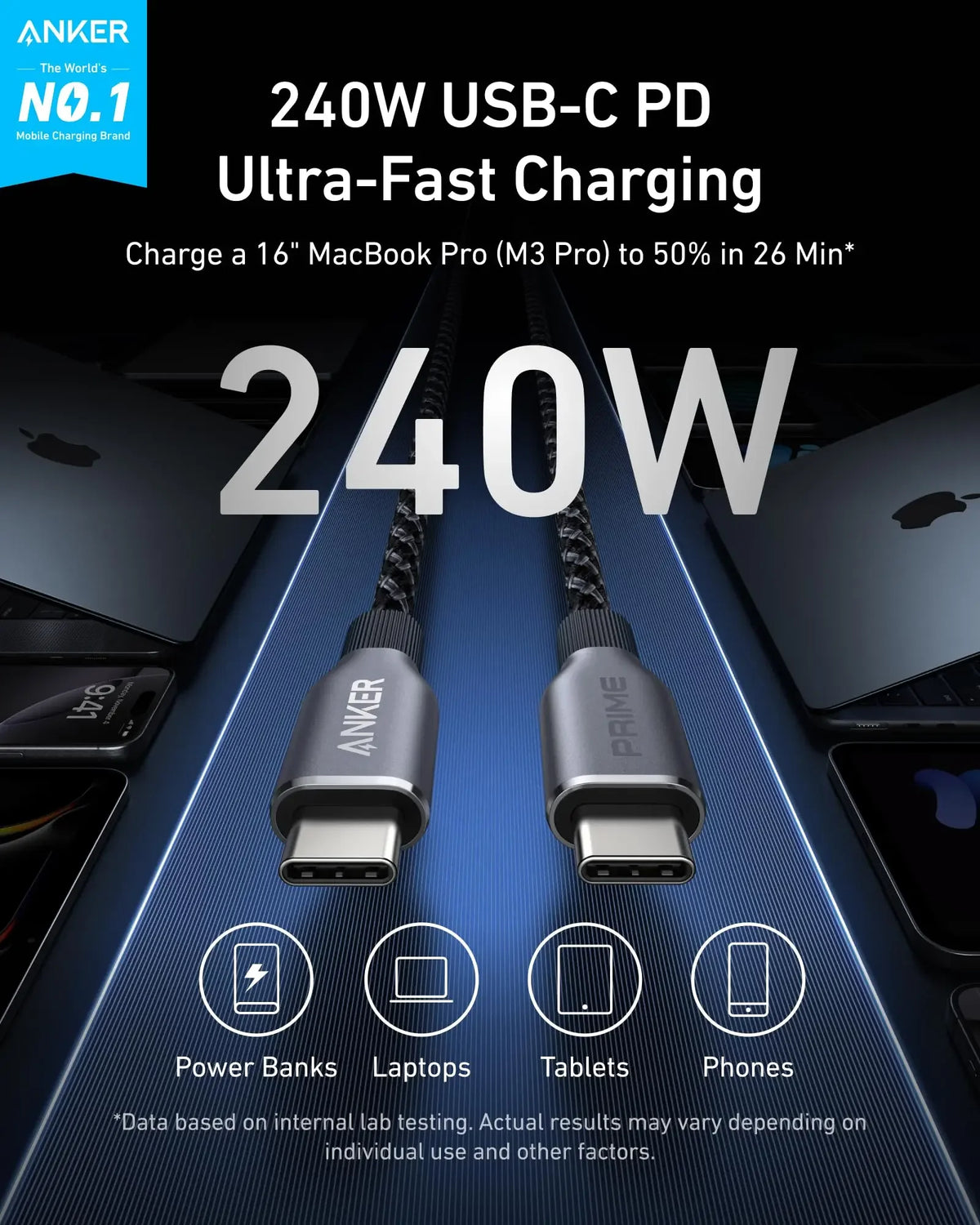 Anker 240W USB-C PD Ultra-Schnellladekabel, das ein MacBook Pro mit Strom versorgt.