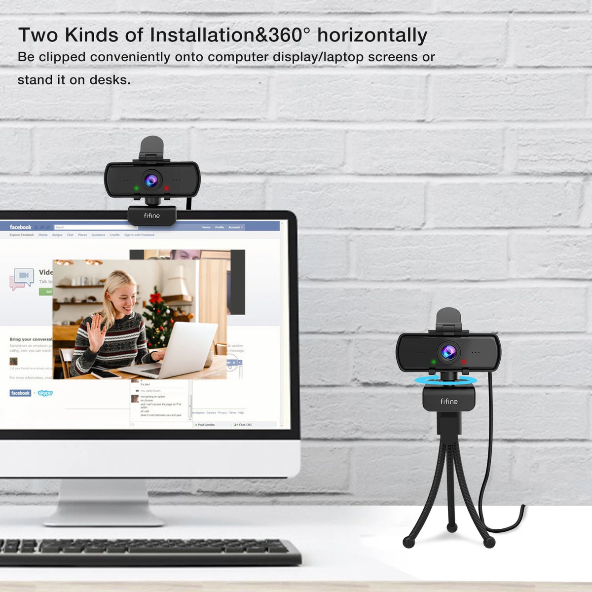 Two kinds of installation for a 1440p HD webcam including mounting on screens or standing on desks