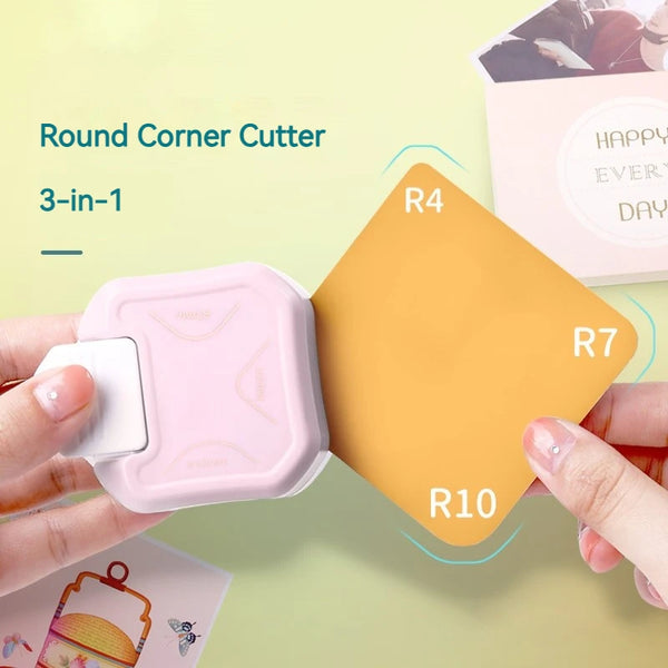 A hand holds a pink round corner cutter, demonstrating its 3-in-1 function with various round corners labeled R4 through R10.