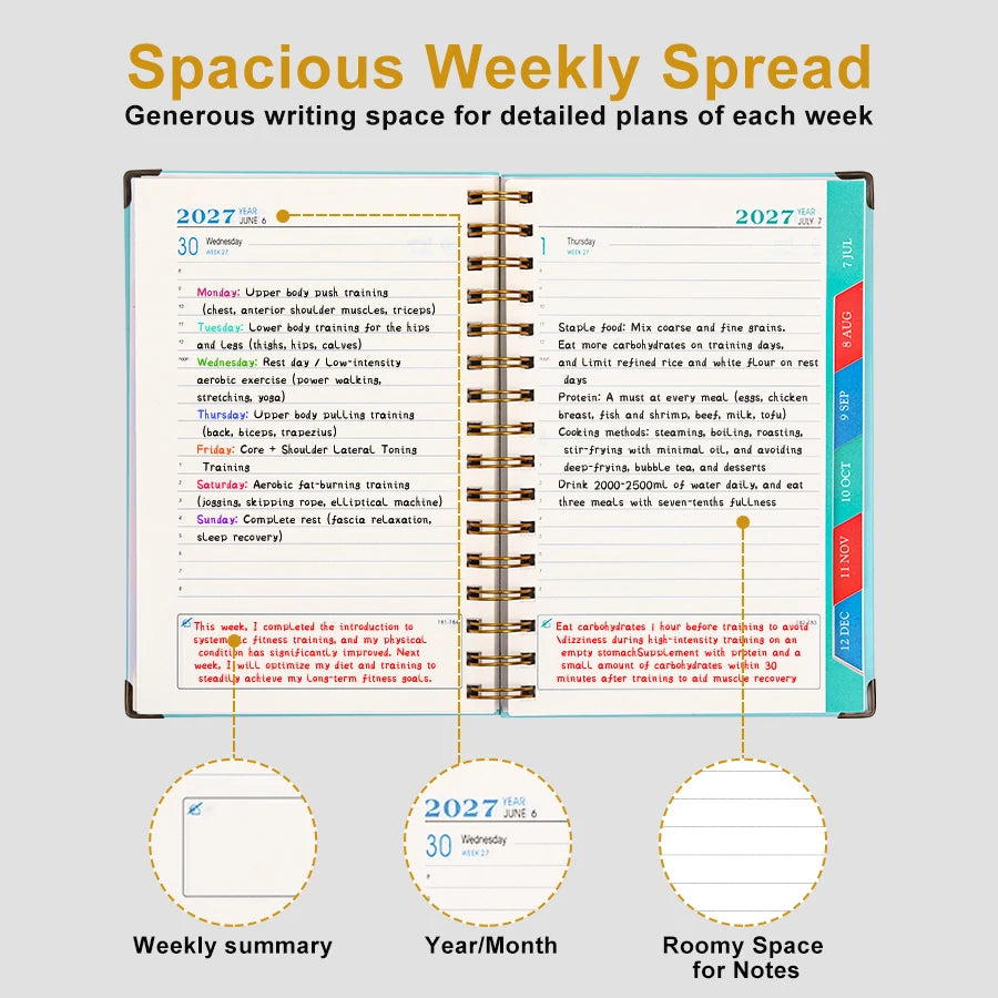 A spiral-bound weekly and monthly planner featuring a deer design with detailed weekly spread pages.