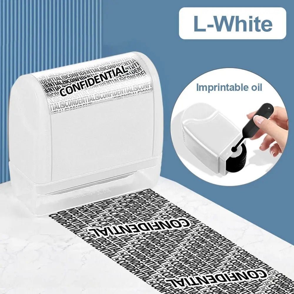 A white reusable confidential roller stamp is shown on a marble surface with a black confidential imprint.