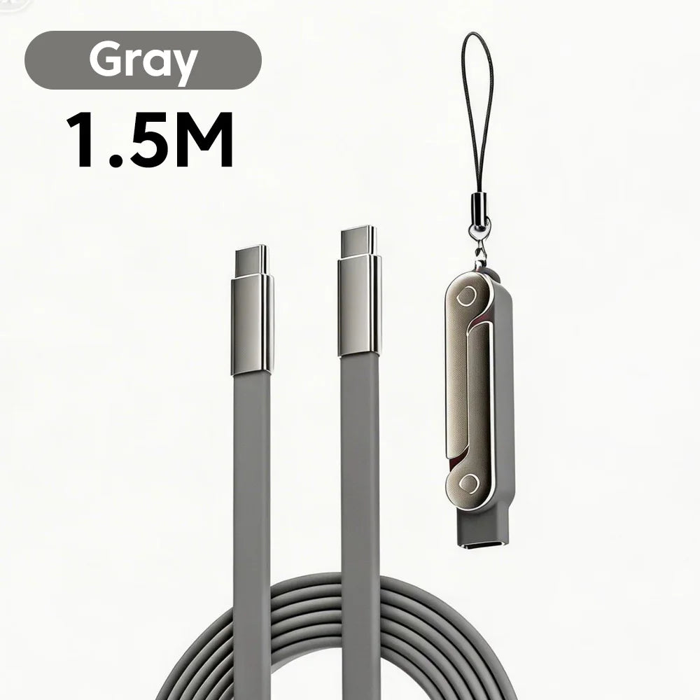 Gray 1.5M fast charging USB-C to USB-C adapter and phone stand with a coiled cable.