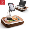 A brown stand holds a smartphone and a laptop, demonstrating a 360° rotatable phone and tablet stand.