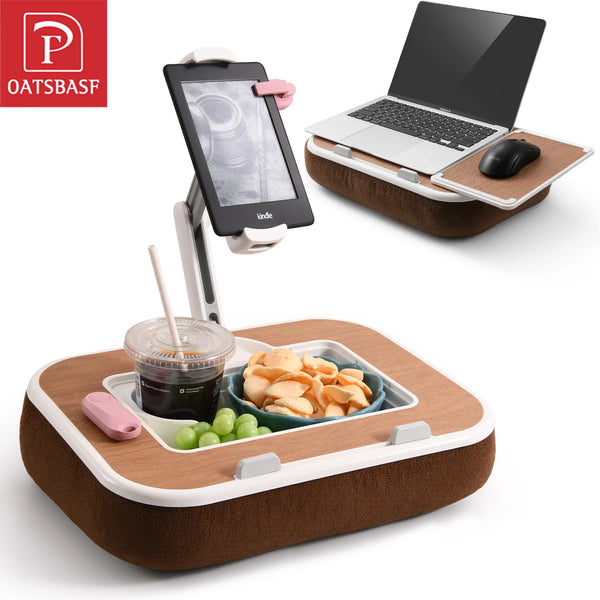 A brown stand holds a smartphone and a laptop, demonstrating a 360° rotatable phone and tablet stand.