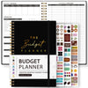 A black and gold undated monthly budget planner with sections for income, expenses, savings, and budget planning.