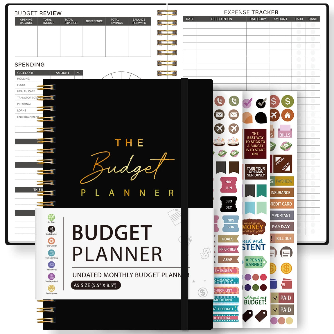 A black and gold undated monthly budget planner with sections for income, expenses, savings, and budget planning.