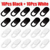 A set of 10 black and 10 white privacy webcam shutter sliders for digital devices.